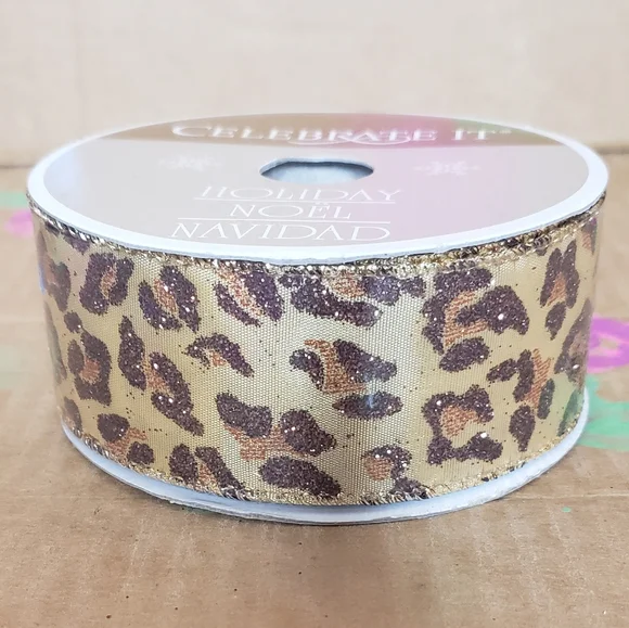 CELEBRATE IT - GOLD GLITTER LEOPARD WIRED EDGE RIBBON 1.5 INCH WIDE 10 YARDS - Picture 2 of 6